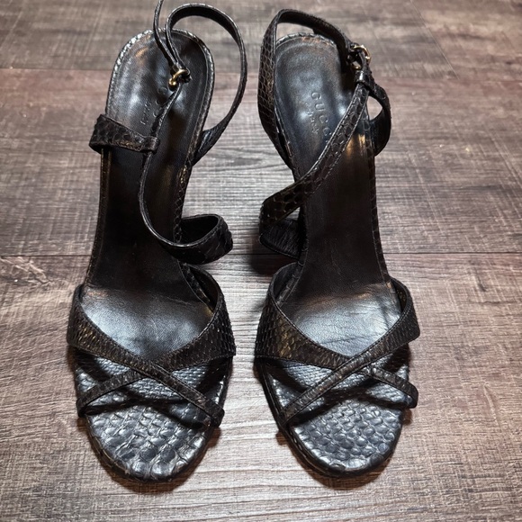 Gucci black leather lizard strappy sandals.